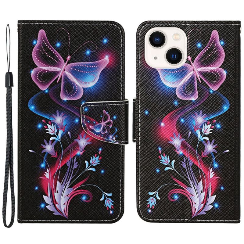 Capa De Couro Para iPhone 15 De Cordão Vôo Das Mariposas De Cordão