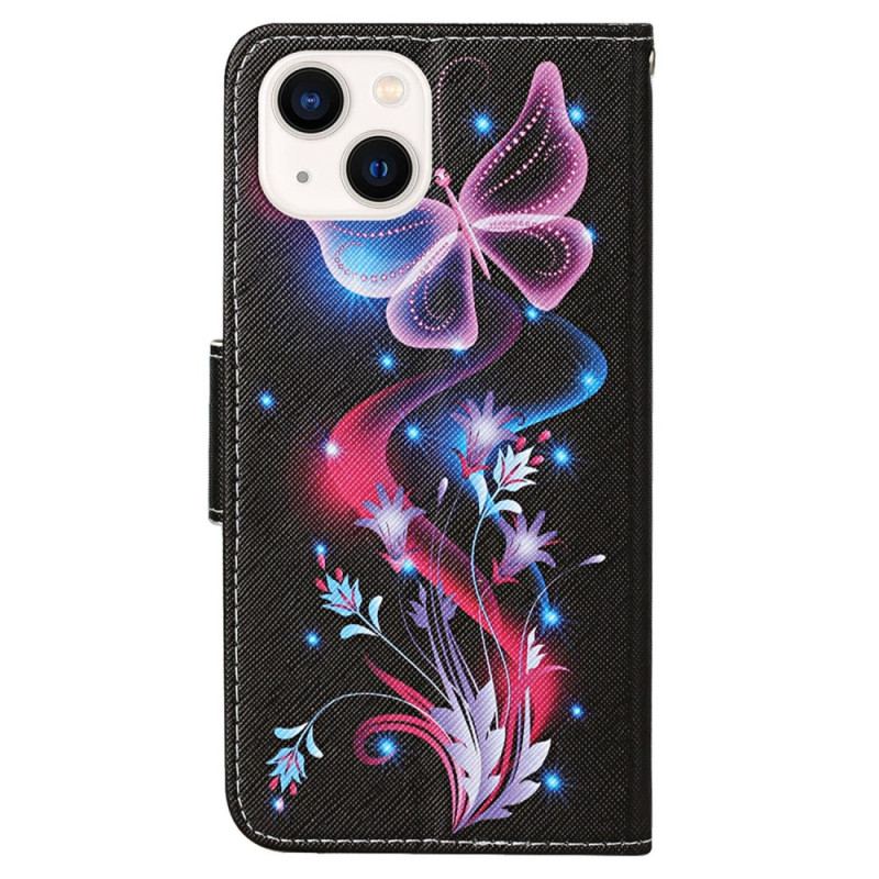 Capa De Couro Para iPhone 15 De Cordão Vôo Das Mariposas De Cordão