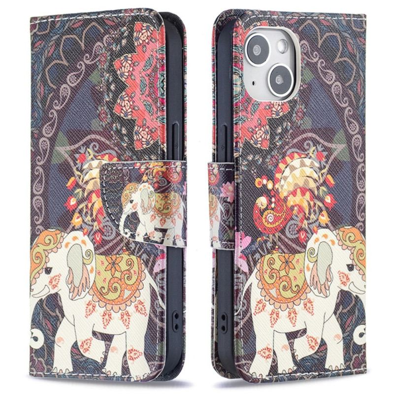 Capa De Couro Para iPhone 15 Elefante Tribal