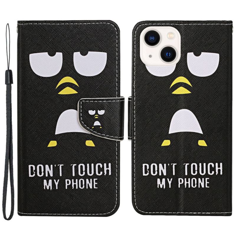 Capa Em Pele Para iPhone 15 De Cordão Pinguim. Não Toque No Cordão Do Meu Telefone