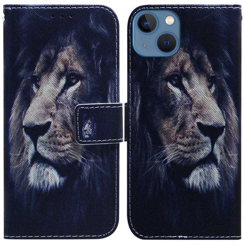 Capa Em Pele Para iPhone 15 Leão Sonhador