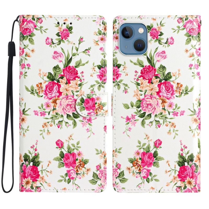 Capa Flip Para iPhone 15 De Cordão Flores Da Liberdade Com Alça