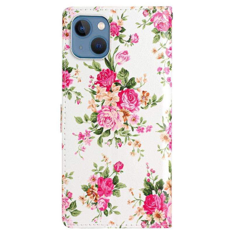 Capa Flip Para iPhone 15 De Cordão Flores Da Liberdade Com Alça