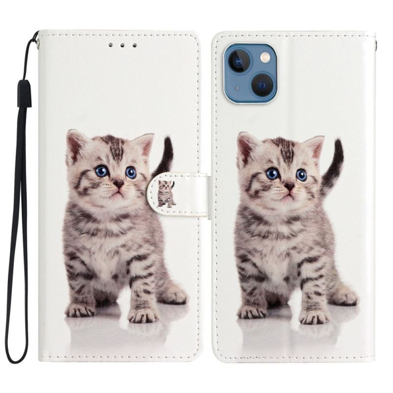 Capa Flip Para iPhone 15 De Cordão Gato Fofo Com Alça