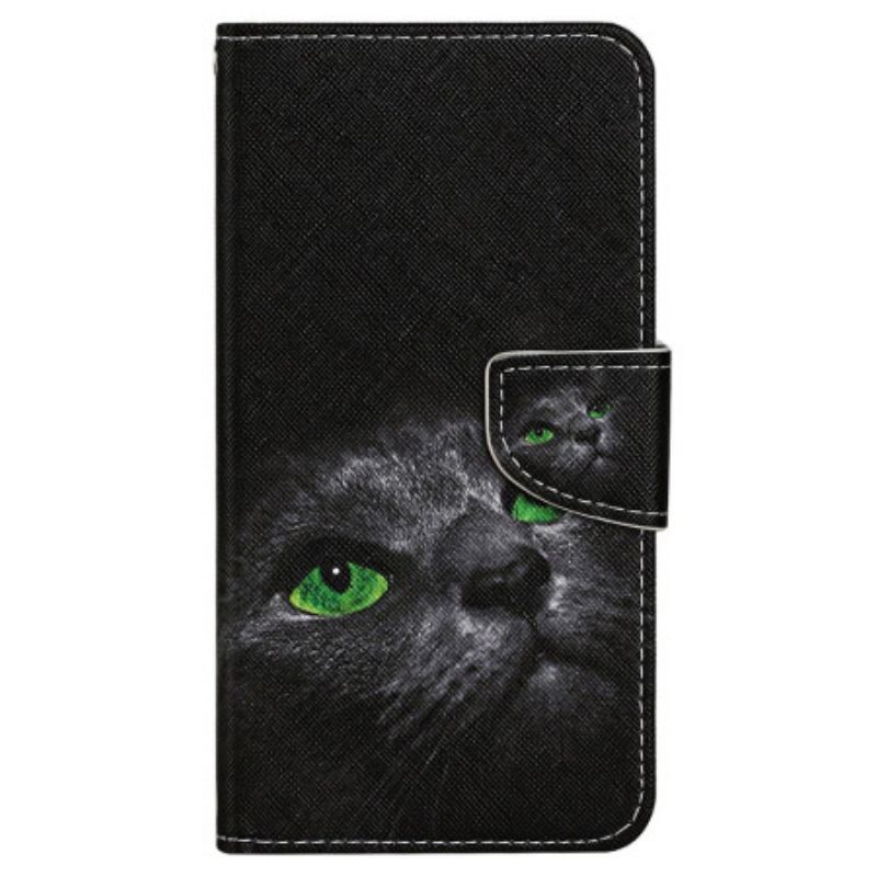 Capa Flip Para iPhone 15 De Cordão Gato De Olhos Verdes Com Alça