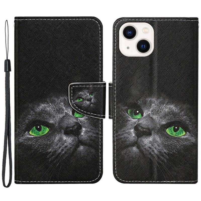 Capa Flip Para iPhone 15 De Cordão Gato De Olhos Verdes Com Alça