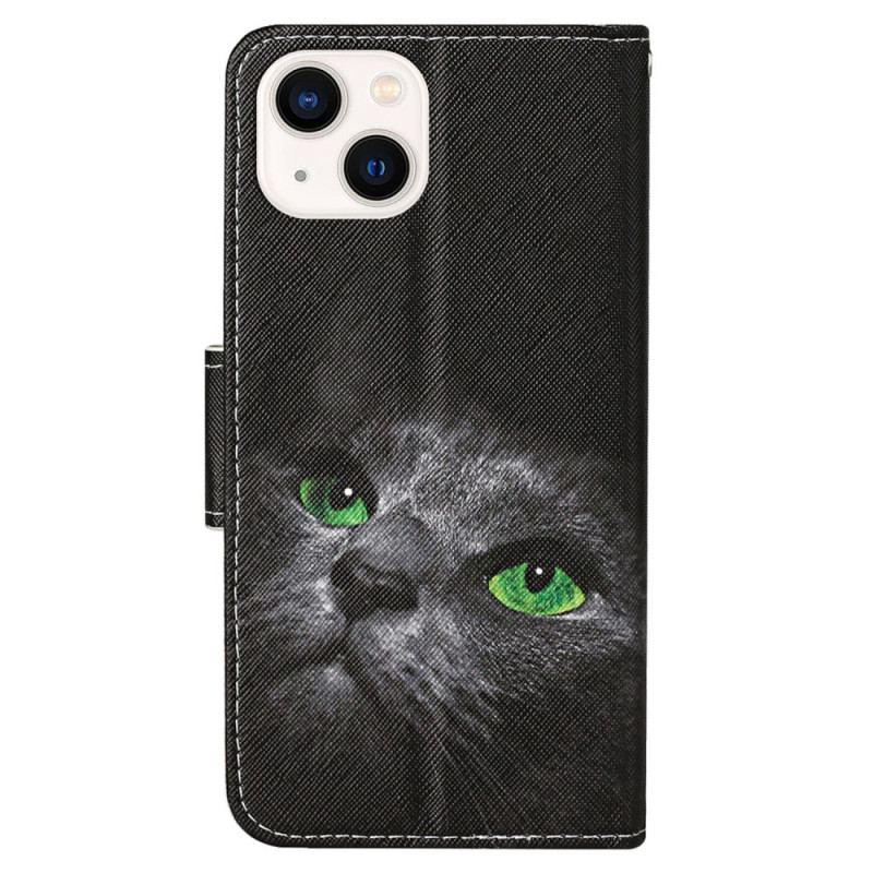 Capa Flip Para iPhone 15 De Cordão Gato De Olhos Verdes Com Alça