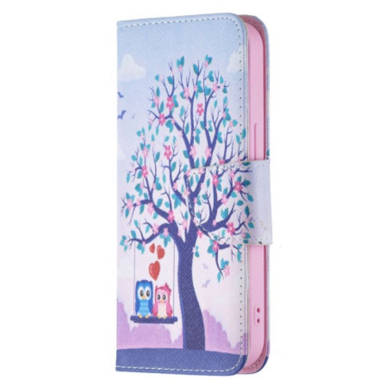 Capa Flip Para iPhone 15 Corujas No Balanço