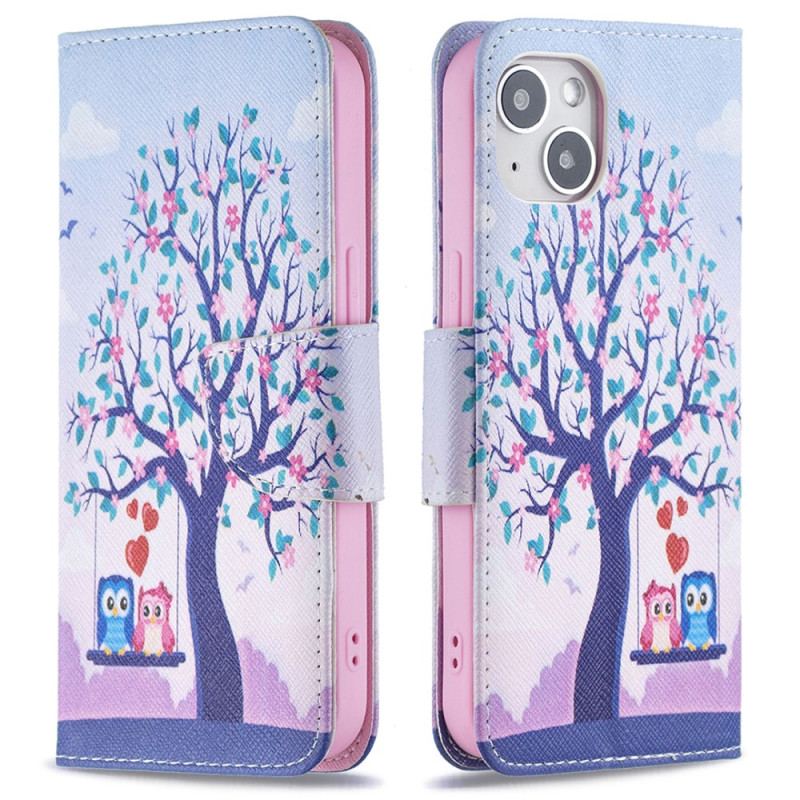 Capa Flip Para iPhone 15 Corujas No Balanço