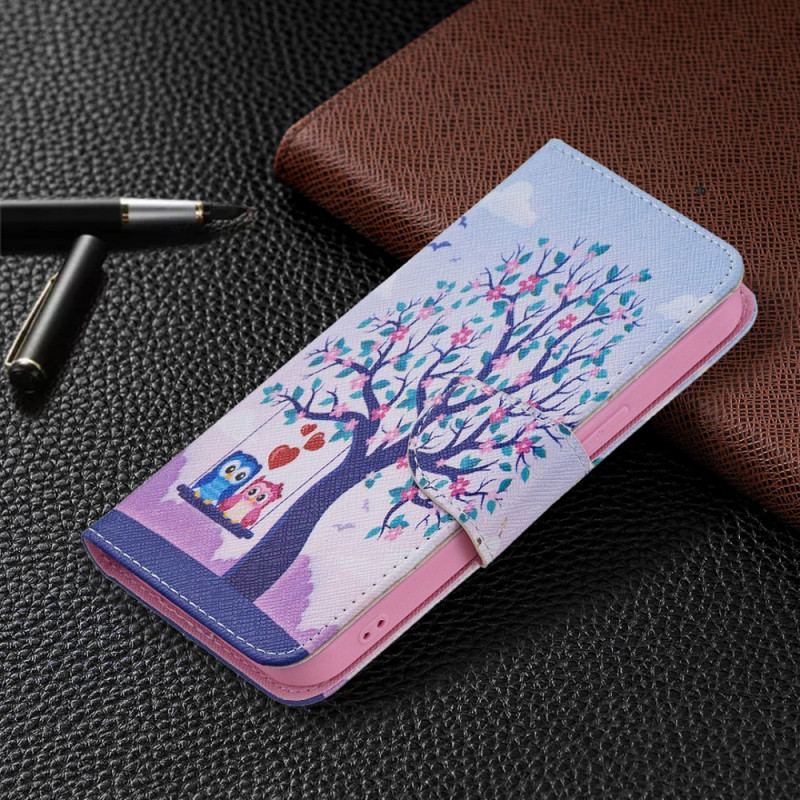 Capa Flip Para iPhone 15 Corujas No Balanço