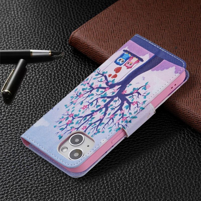 Capa Flip Para iPhone 15 Corujas No Balanço