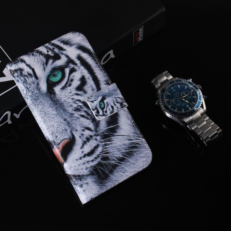 Capa Flip Para iPhone 15 Tigre Branco