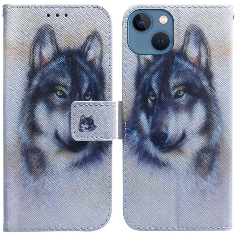 Capa Folio Para iPhone 15 Aquarela Lobo