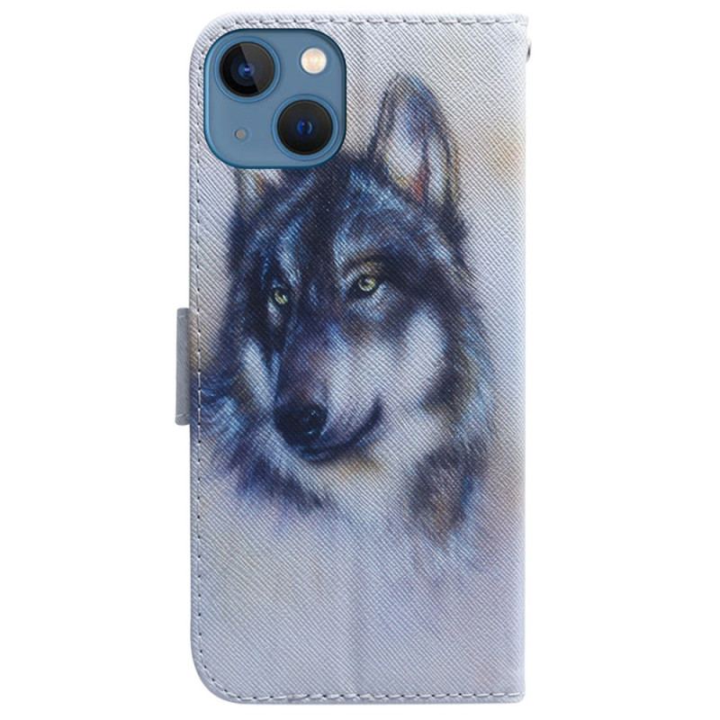 Capa Folio Para iPhone 15 Aquarela Lobo