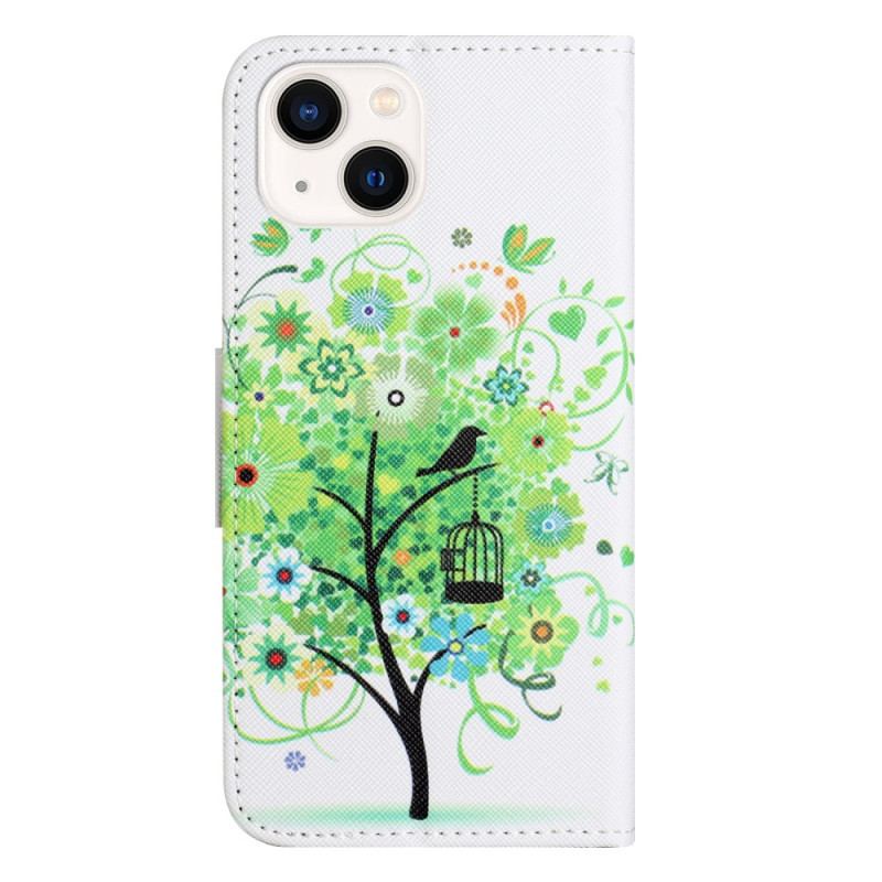 Capa Folio Para iPhone 15 Árvore Com Folhagem Verde