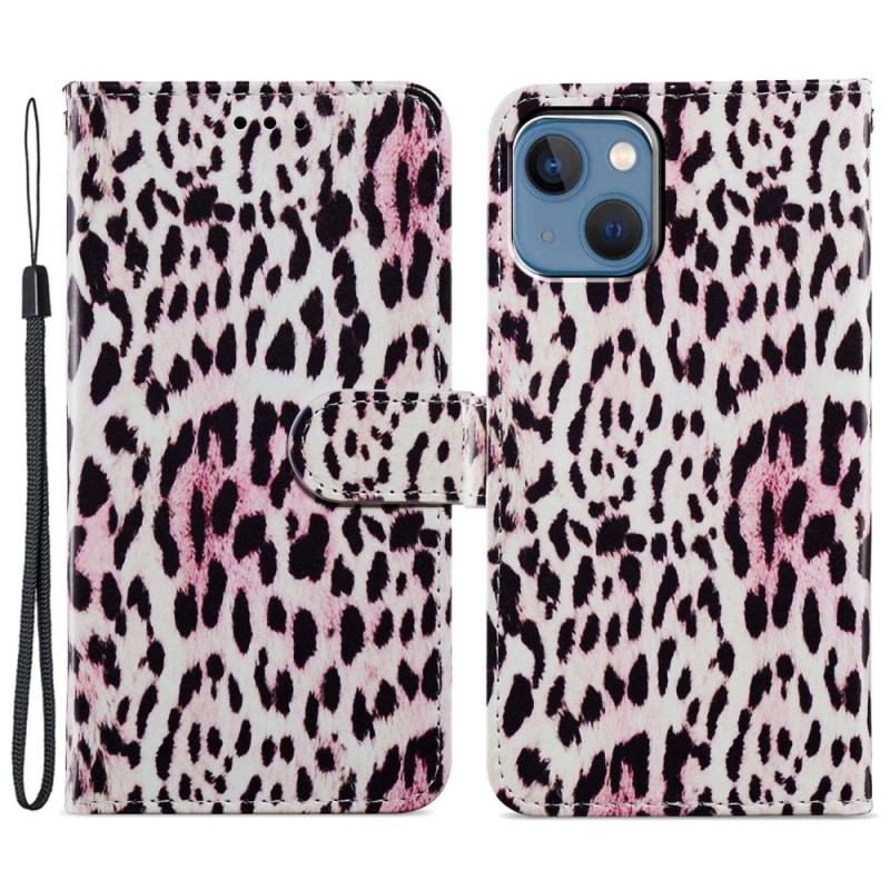 Capa Folio Para iPhone 15 De Cordão Design De Pele De Leopardo Com Alça