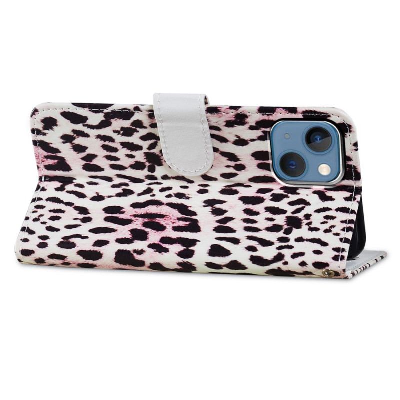 Capa Folio Para iPhone 15 De Cordão Design De Pele De Leopardo Com Alça