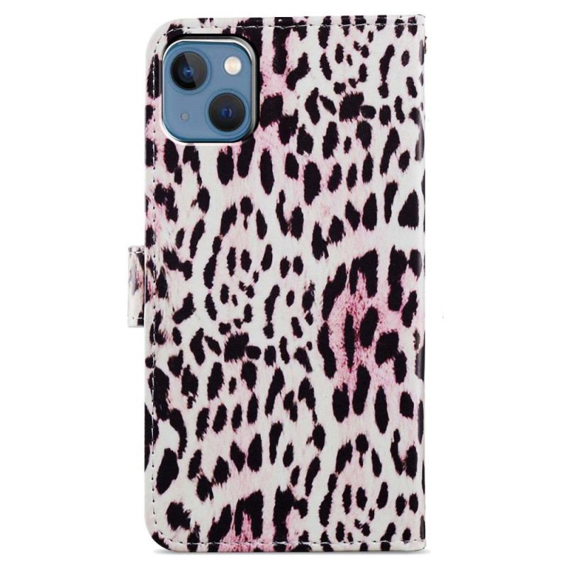 Capa Folio Para iPhone 15 De Cordão Design De Pele De Leopardo Com Alça