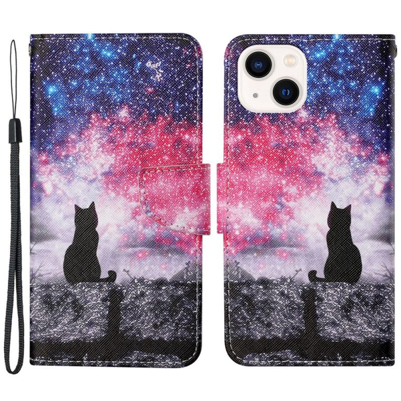 Capa Folio Para iPhone 15 De Cordão Gato Ao Luar Com Alça