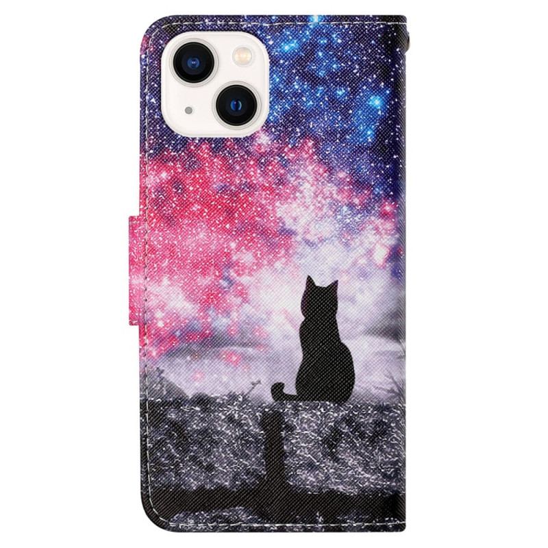 Capa Folio Para iPhone 15 De Cordão Gato Ao Luar Com Alça