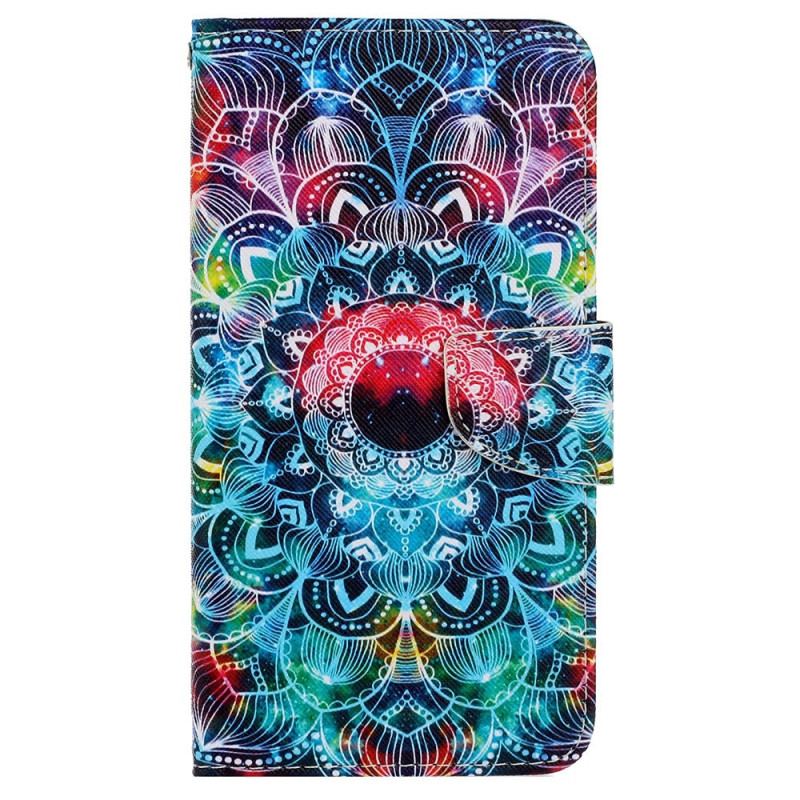 Capa Folio Para iPhone 15 De Cordão Mandala Colorida Com Alça