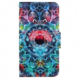 Capa Folio Para iPhone 15 De Cordão Mandala Colorida Com Alça