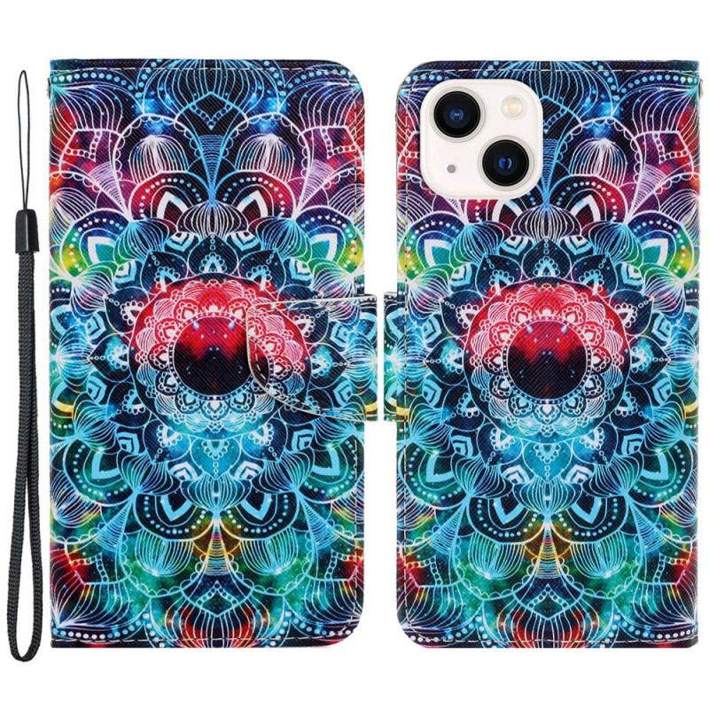 Capa Folio Para iPhone 15 De Cordão Mandala Colorida Com Alça