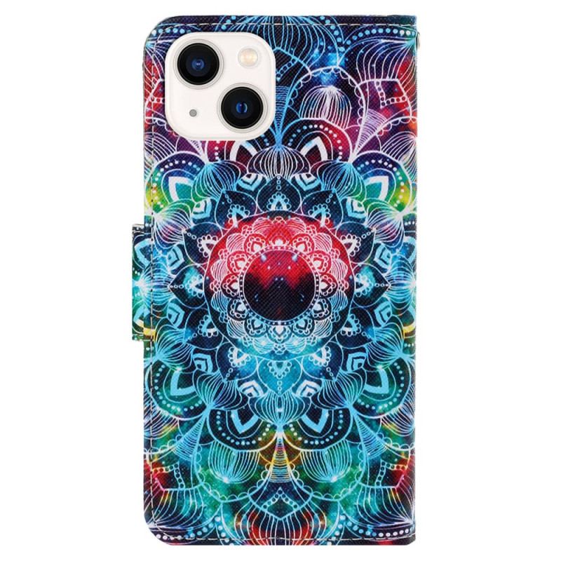 Capa Folio Para iPhone 15 De Cordão Mandala Colorida Com Alça