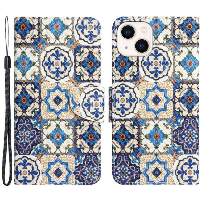 Capa Folio Para iPhone 15 De Cordão Patchwork Azul Com Alça