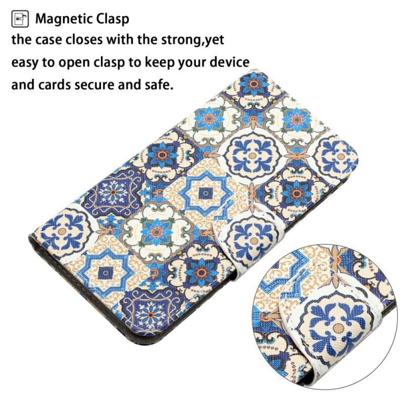 Capa Folio Para iPhone 15 De Cordão Patchwork Azul Com Alça