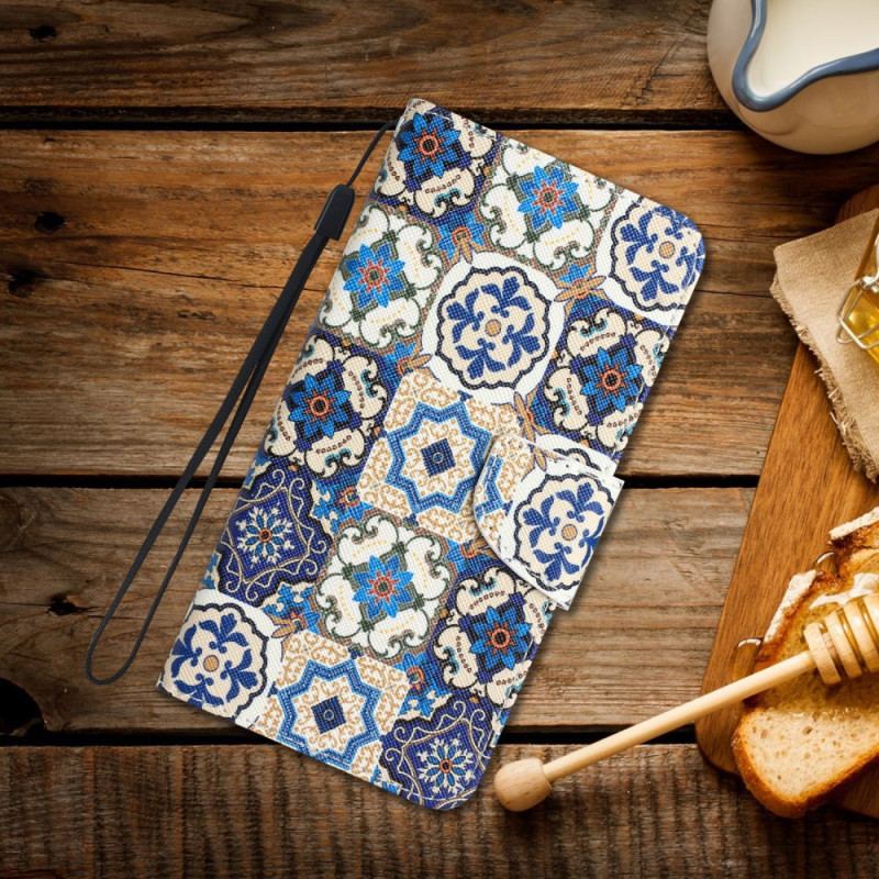 Capa Folio Para iPhone 15 De Cordão Patchwork Azul Com Alça