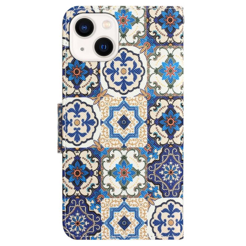 Capa Folio Para iPhone 15 De Cordão Patchwork Azul Com Alça