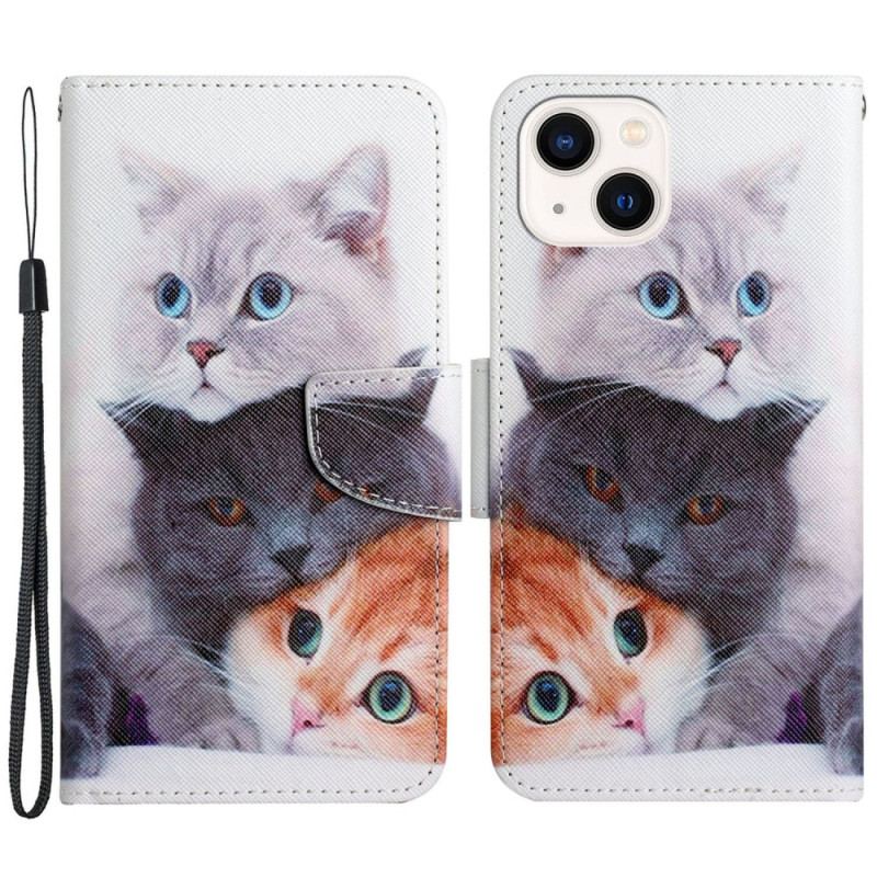 Capa Folio Para iPhone 15 De Cordão Somente Gatos Com Alças