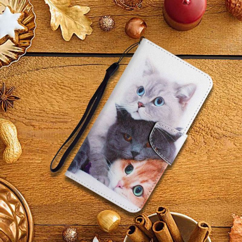 Capa Folio Para iPhone 15 De Cordão Somente Gatos Com Alças