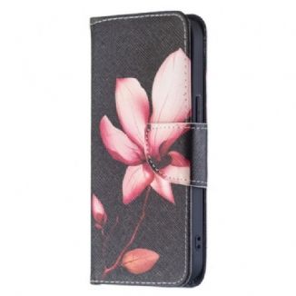 Capa Folio Para iPhone 15 Flor Rosa Em Fundo Preto