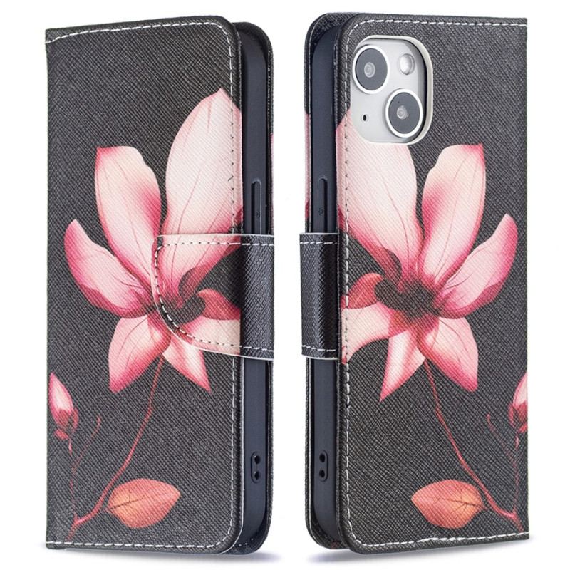 Capa Folio Para iPhone 15 Flor Rosa Em Fundo Preto