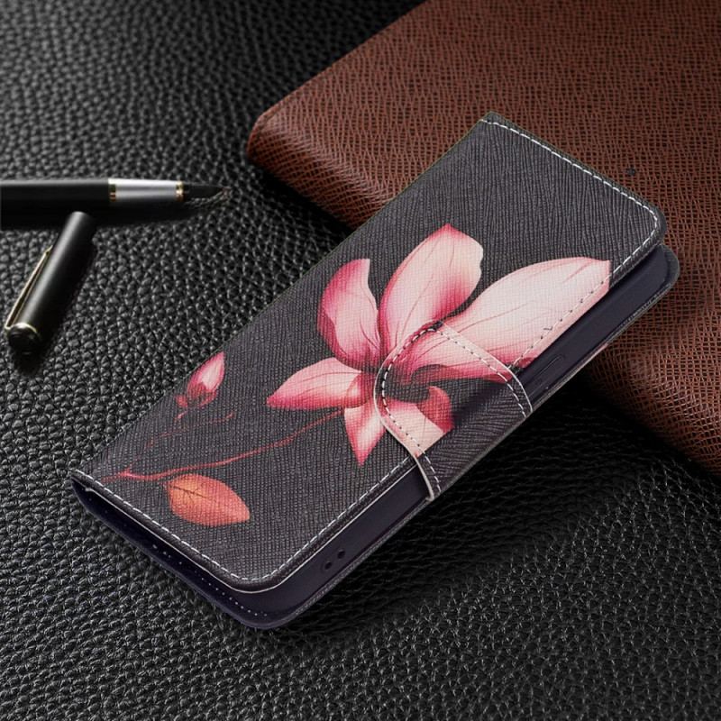 Capa Folio Para iPhone 15 Flor Rosa Em Fundo Preto