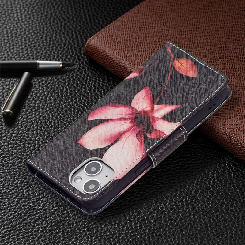 Capa Folio Para iPhone 15 Flor Rosa Em Fundo Preto