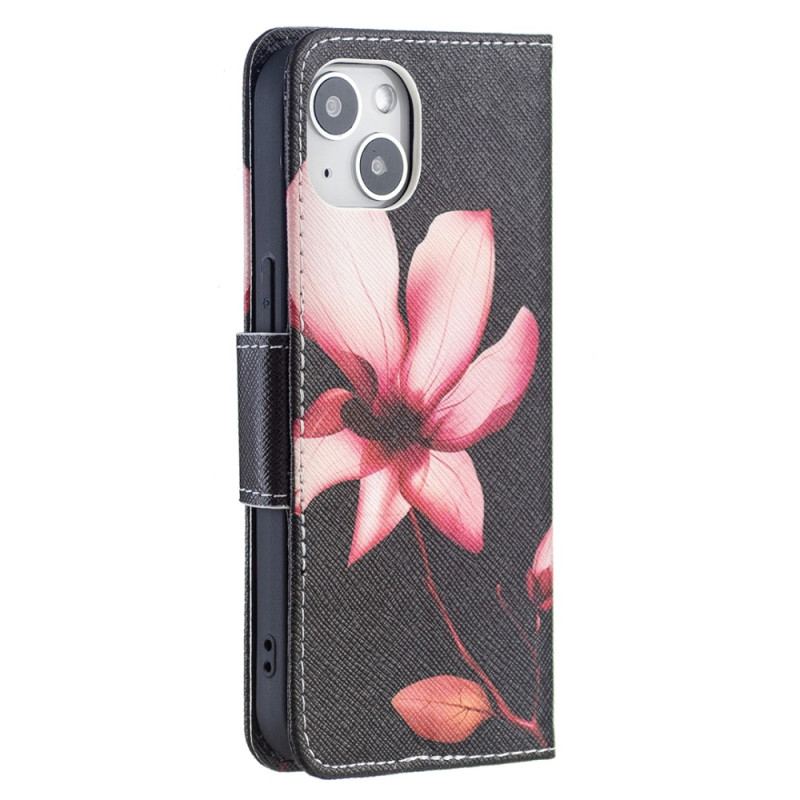 Capa Folio Para iPhone 15 Flor Rosa Em Fundo Preto