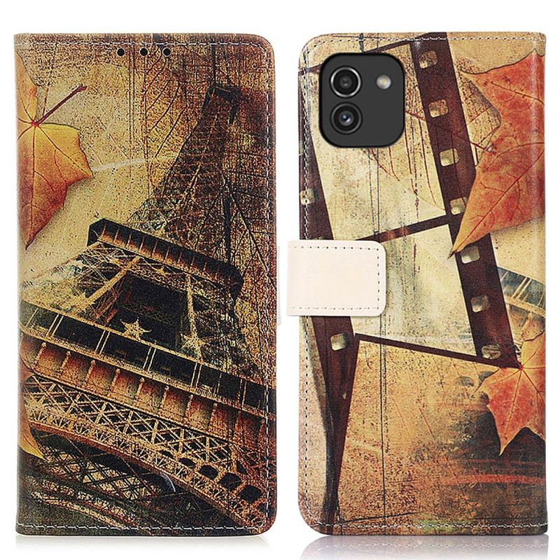 Capa De Couro Para Samsung Galaxy A03 Torre Eiffel No Outono