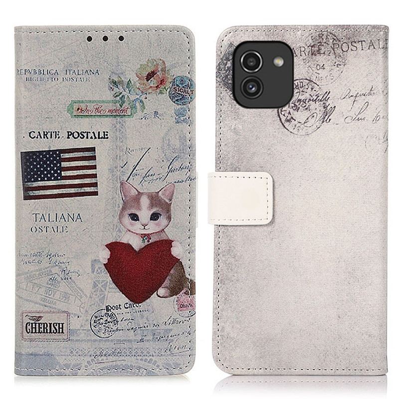 Capa Flip Para Samsung Galaxy A03 Gato Viajante