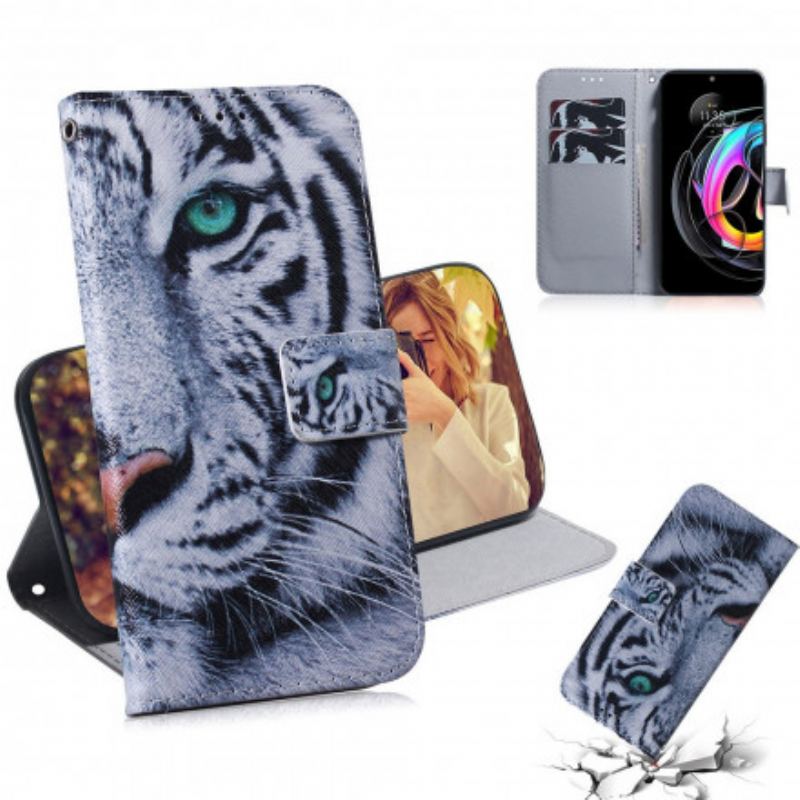 Capa De Couro Para Motorola Edge 20 Lite Cara De Tigre