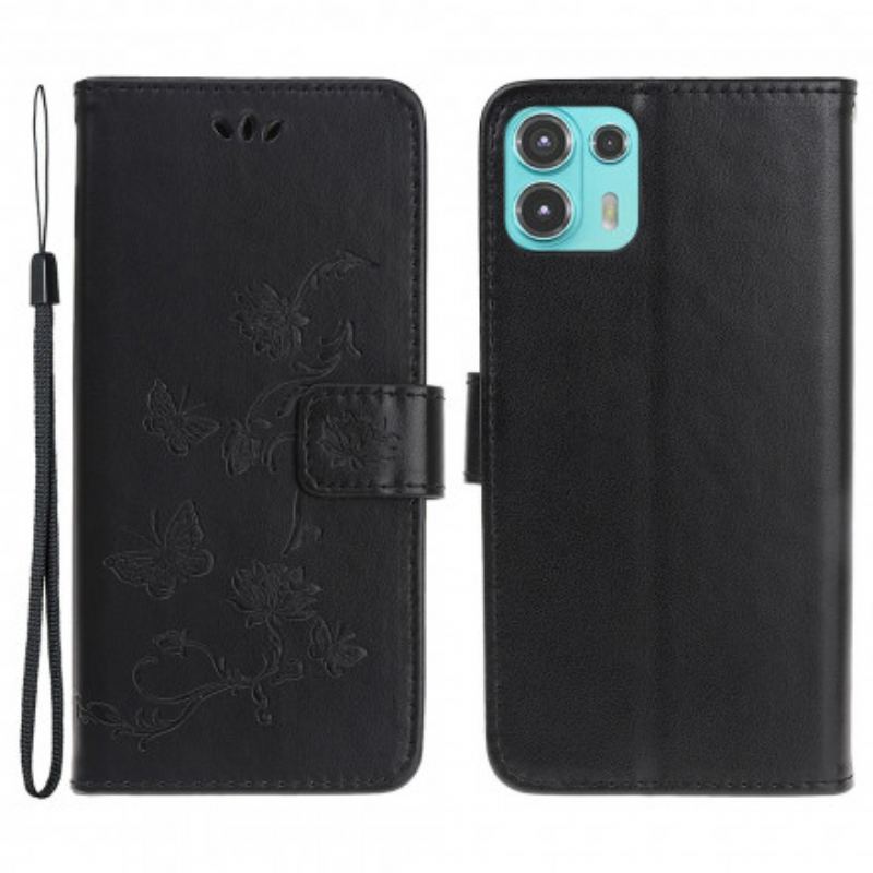 Capa De Couro Para Motorola Edge 20 Lite De Cordão Pulseira Borboletas E Flores