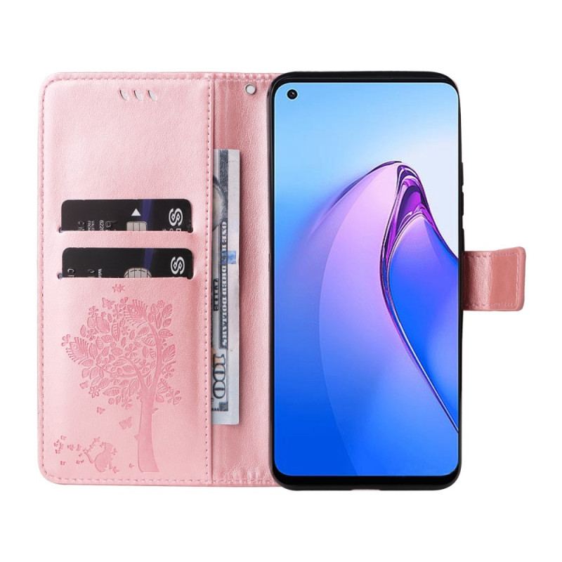 Capa De Couro Para Oppo Reno 8 De Cordão Árvore E Gato Strappy