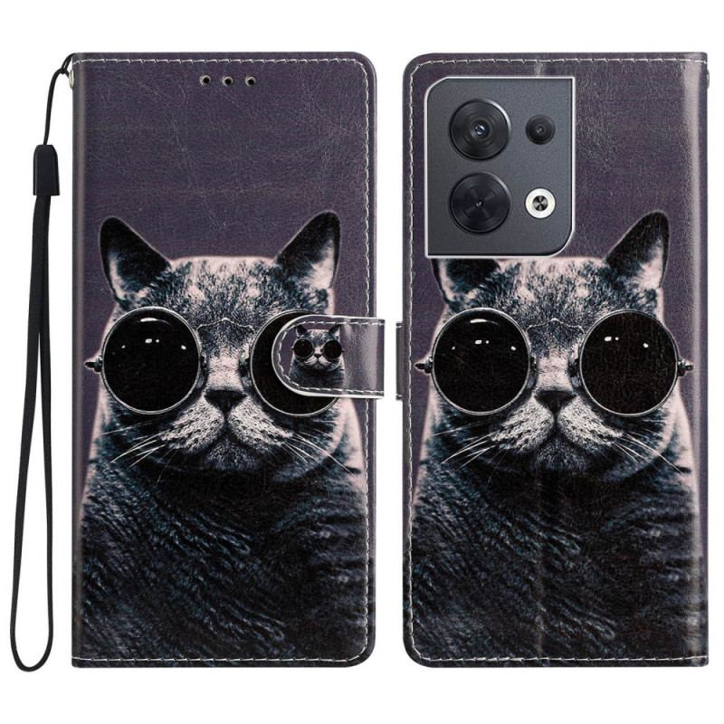 Capa De Couro Para Oppo Reno 8 De Cordão Óculos De Tiras Para Gatos