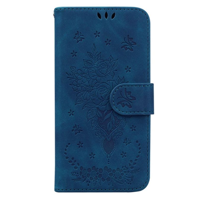 Capa Flip Para Oppo Reno 8 De Cordão Strappy Rosas E Borboletas