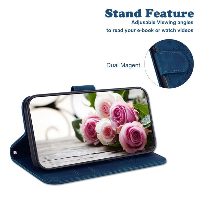 Capa Flip Para Oppo Reno 8 De Cordão Strappy Rosas E Borboletas