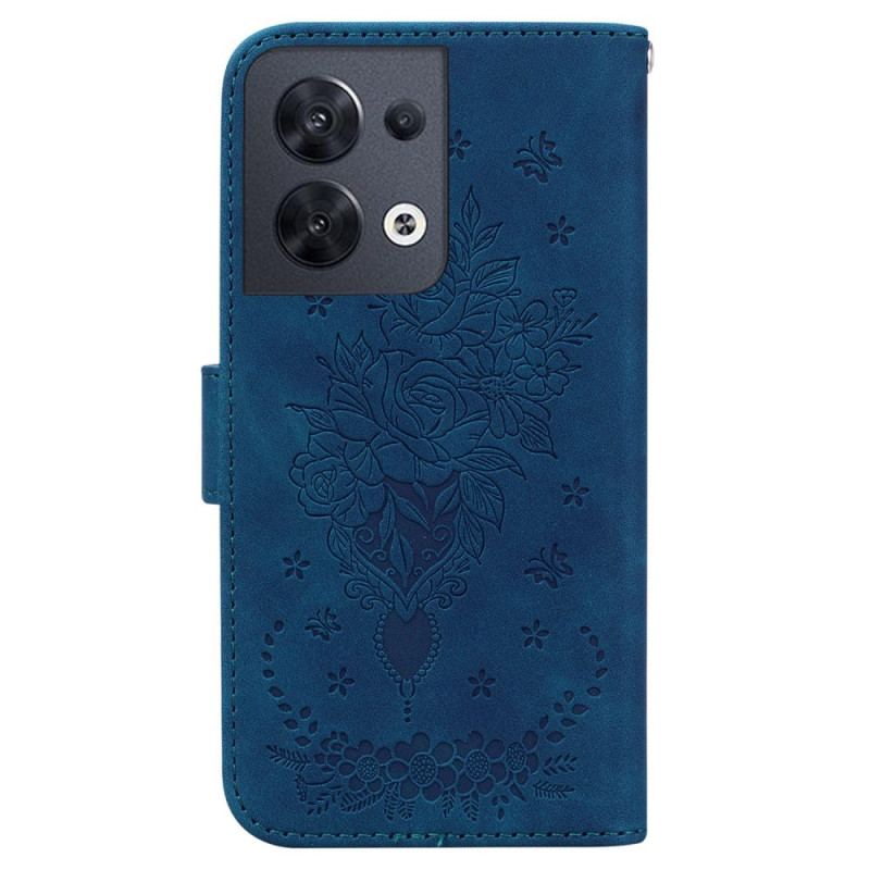 Capa Flip Para Oppo Reno 8 De Cordão Strappy Rosas E Borboletas