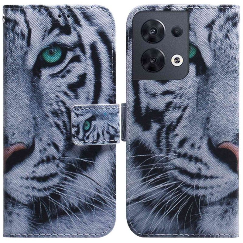 Capa Flip Para Oppo Reno 8 De Cordão Tira Tigre Branco