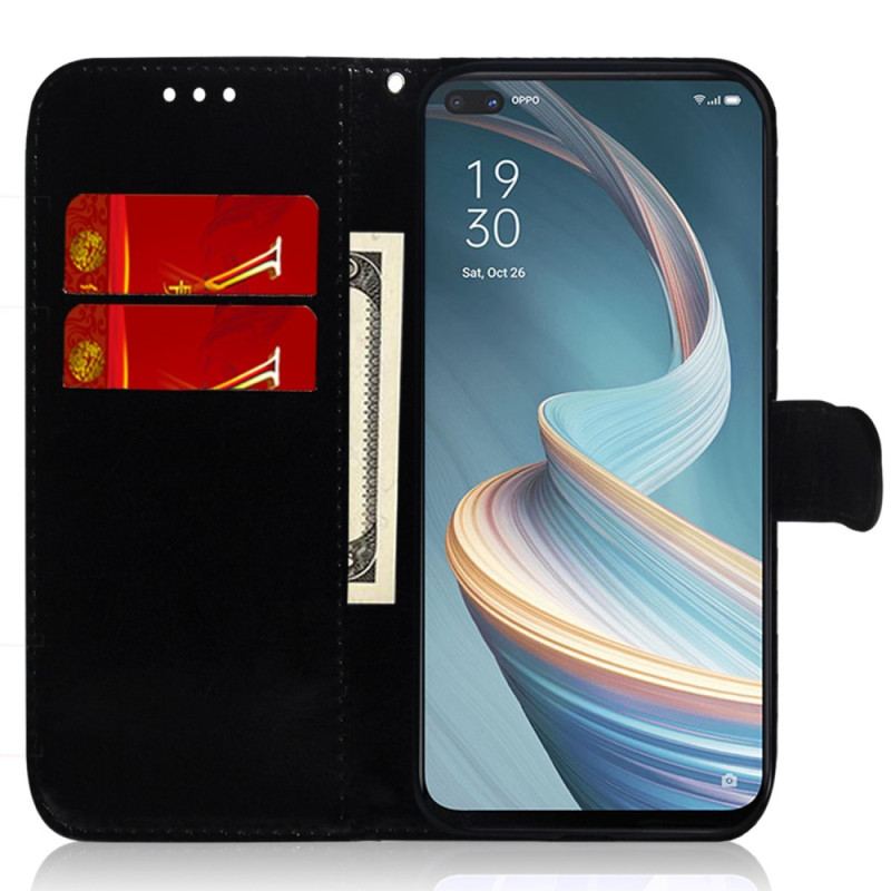 Capa Flip Para Oppo Reno 8 Espelho E Cordão